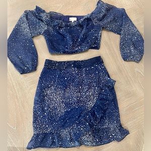 2 Piece Blue & White Cropped Long Sleeve Top with Matching Skirt, Size XS